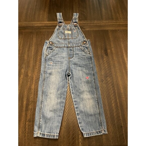 OshKosh B’gosh Girls 2T Denim Overalls Jeans VESTBAK Heart Flower Embroidered - Picture 1 of 9